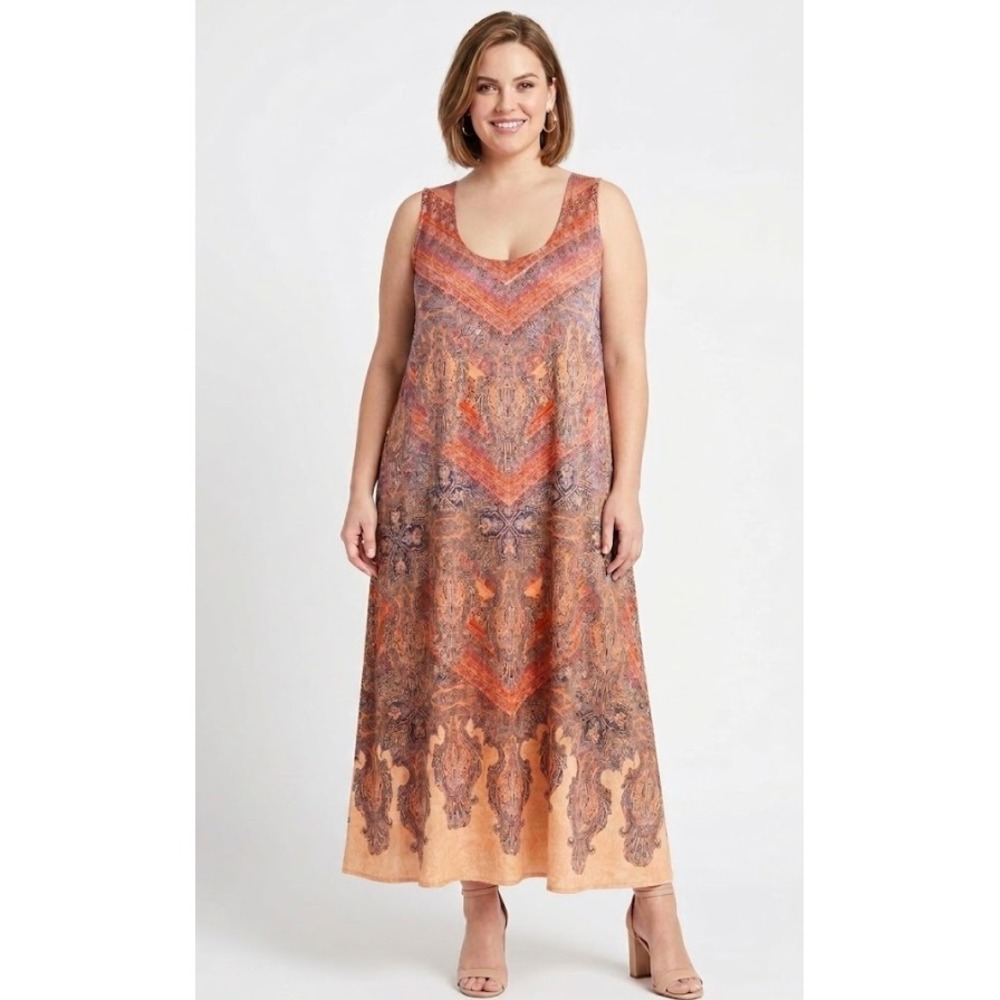 One World Maxi Dress 3X Orange Paisley Boho Crochet Butterfly Sleeveless Stretch
